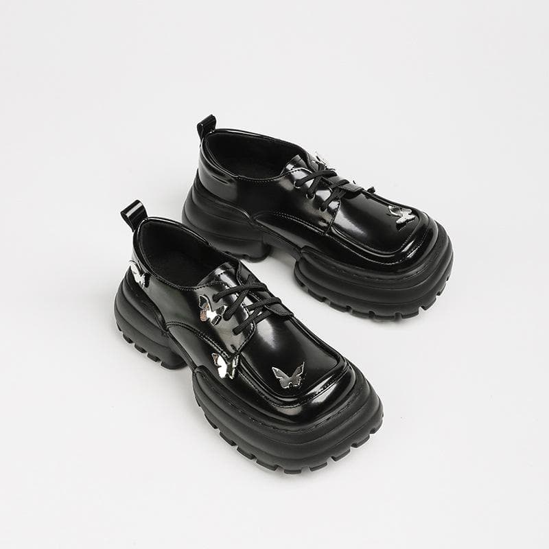 Loafers Women's New British Style Casual Round Toe Strap Butterfly Metal Buckle Muffin Thick-soled Small Leather Shoes 40