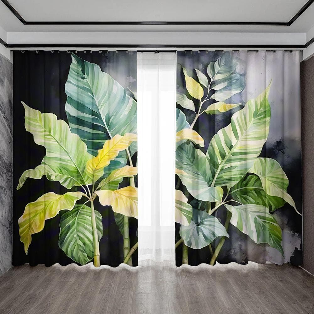 2PC Home Decoration Gauze Curtain Tropical Leaf Gauze Curtain Suitable For Kitchen,Coffee Shop, Living Room, Balcony, Garden 75x166 cm&Without mount