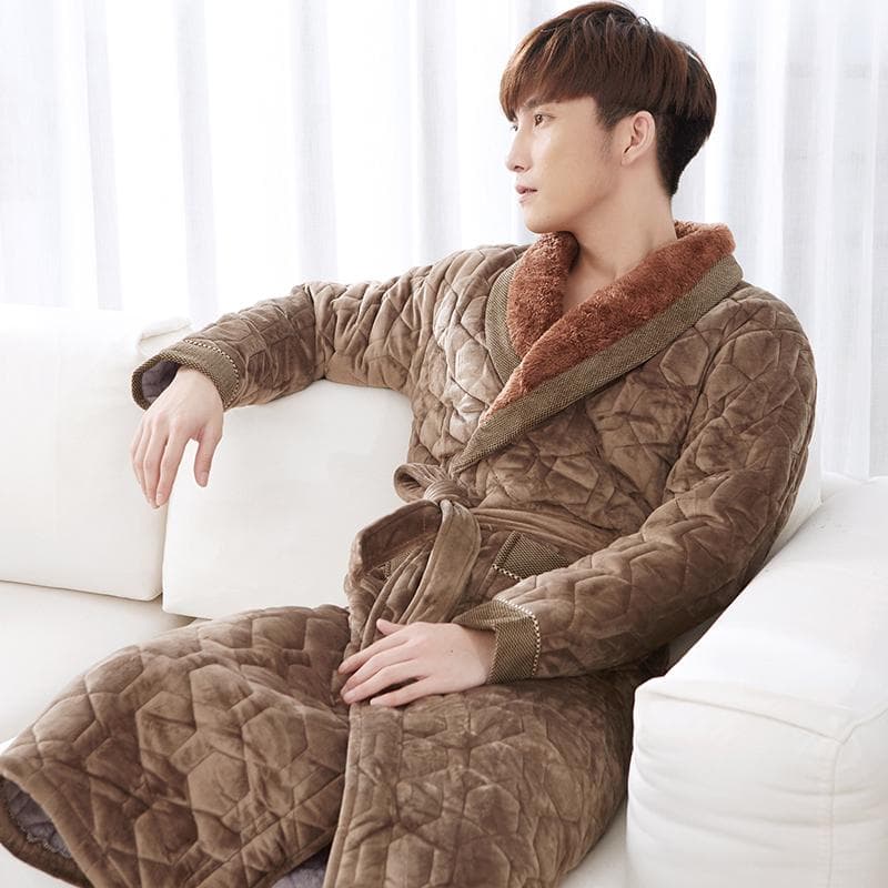 Thick 3 Layers Warm Winter Bathrobe Men Soft Flannel Quilted Long Kimono Bath Robe Male Dressing Gown for Mens Coral Fleece Robe 2XL