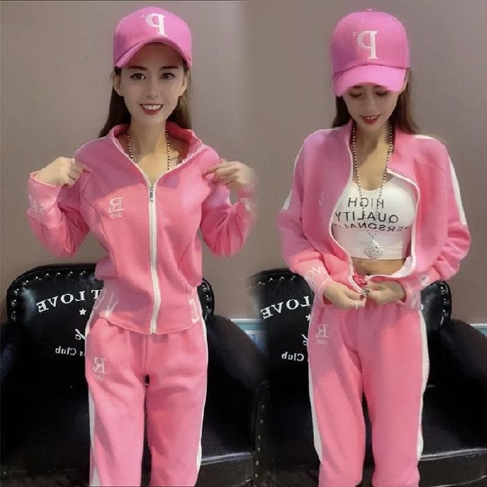 Women's Hip-Hop Casual Two-Piece Suit: 2025 Spring/Autumn Letter Sweater Jacket & Trousers Set M pink