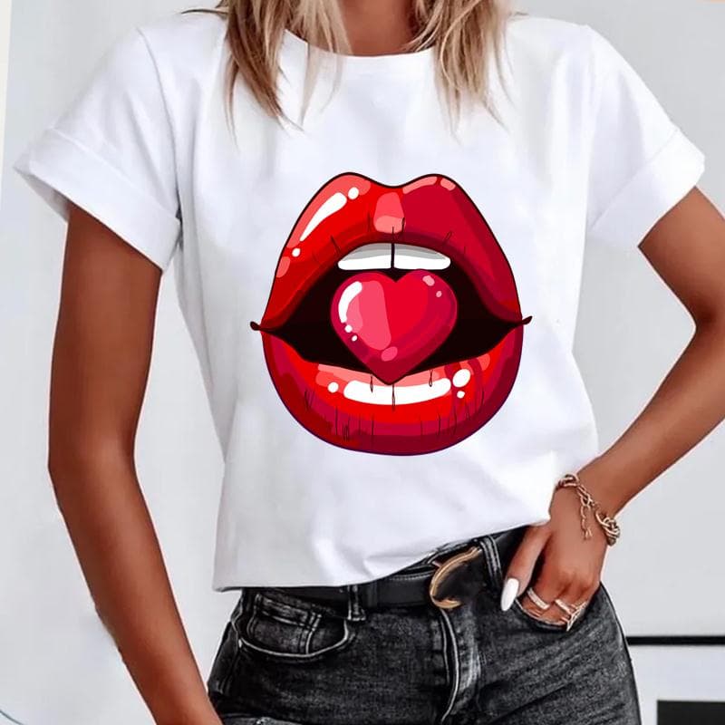 (Asian size) Short Sleeve Lip Love Sexy Trend Cute Lovely Women's Print Tee Top Summer Fashion Tshirt Woman Female Basic T Clothing Graphic T-shirts L
