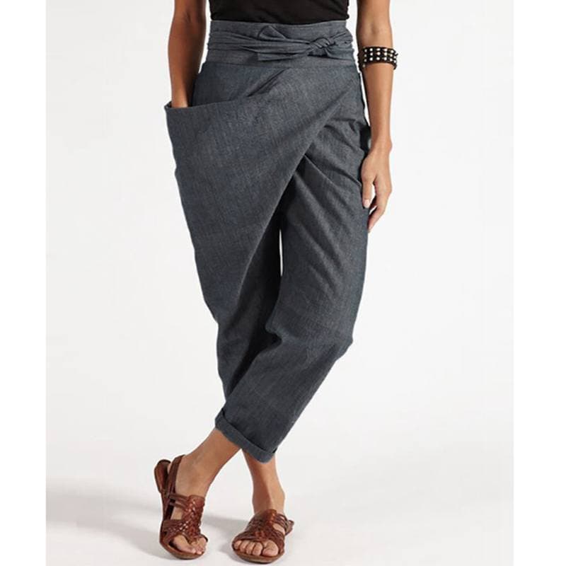 Women Summer Pants Irregular Pockets Streetwear Solid Color High Waist Trendy Straight Wide Leg Cropped Pants for Dating XL grey