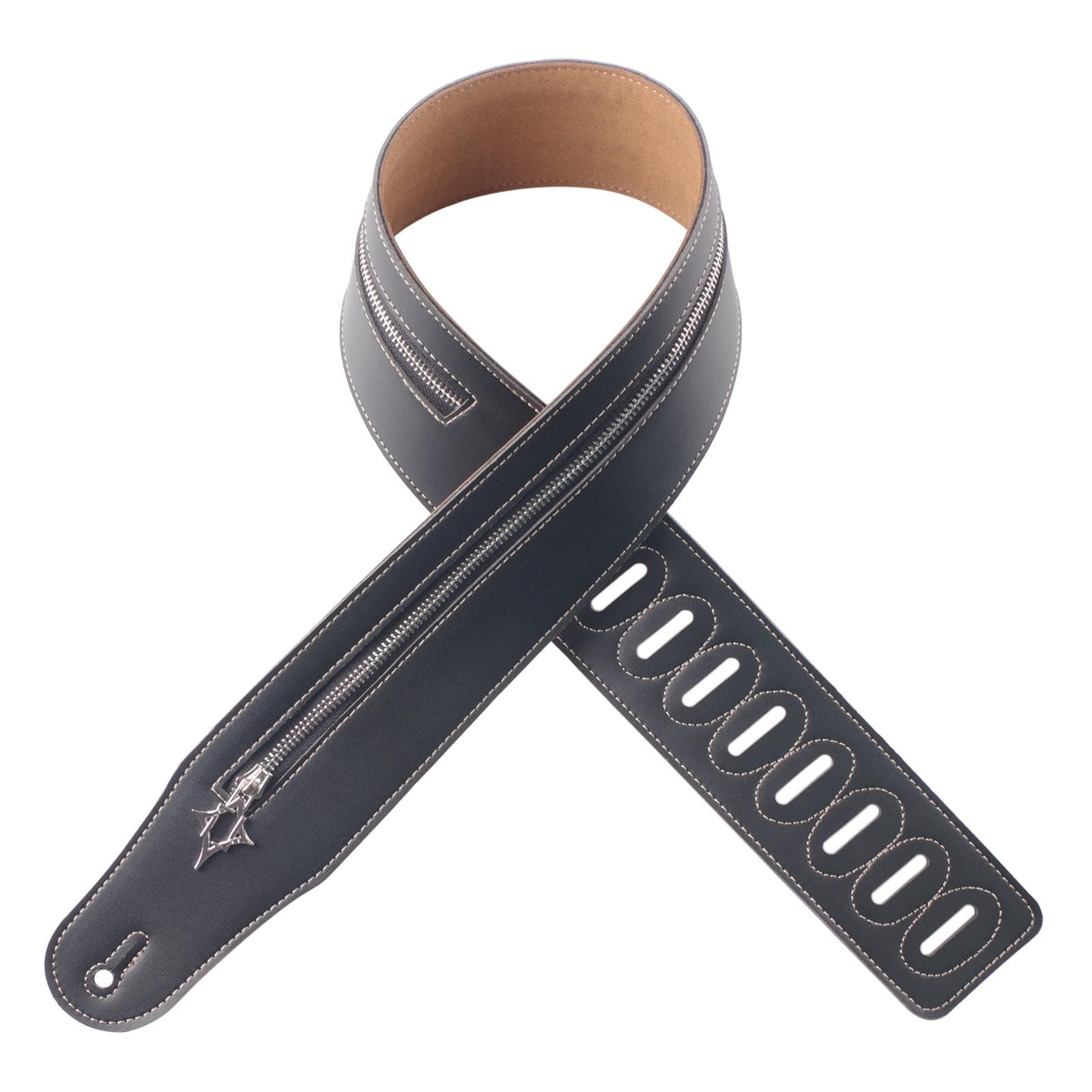 Guitar Strap Zipper Leather Straps Acoustic Guitar Accessories for Bass Electric Guitars Adjustable black