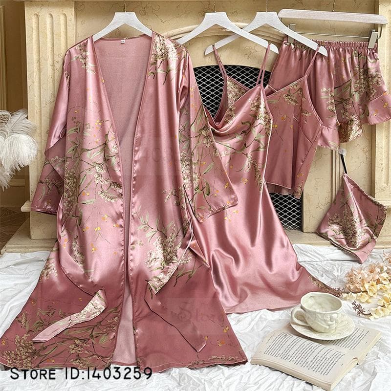 New Female 4PCS Pajamas Set Spring Summer Satin Sleepwear Intimate Lingerie Print Cherry Flower Nightgown Loose Home Clothes S