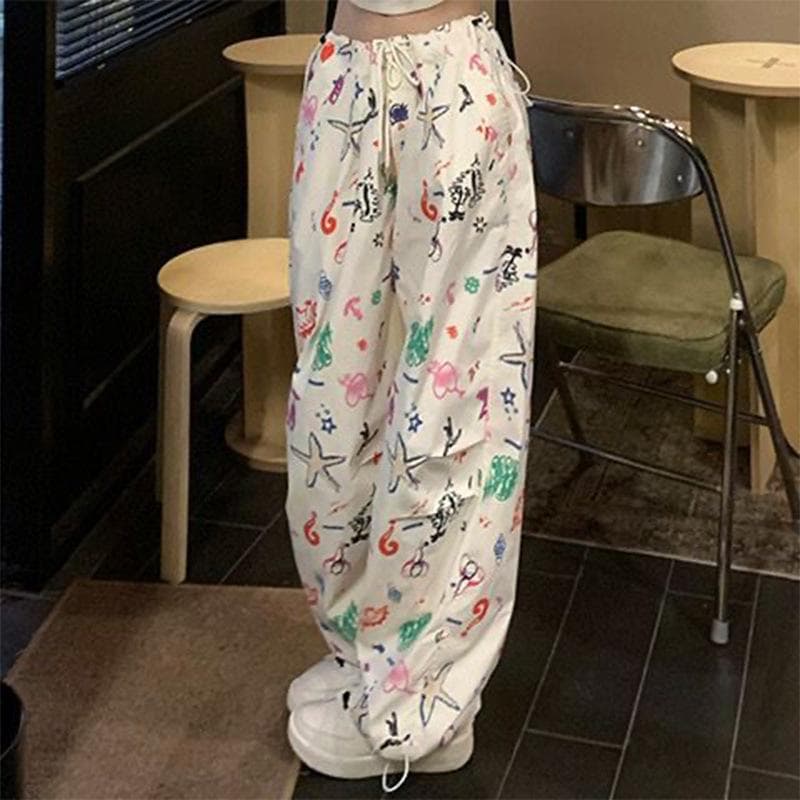Summer High Waist Slim Retro Fun Graffiti Full Print Work Pants for Women Loose Feet Trousers 2XL
