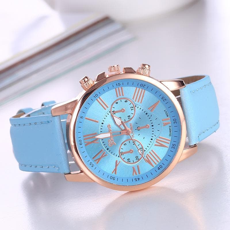 3 Mini Dials PU Belt Wristwatch Double Layer Fashion Women Casual Simple Quartz Watch light blue