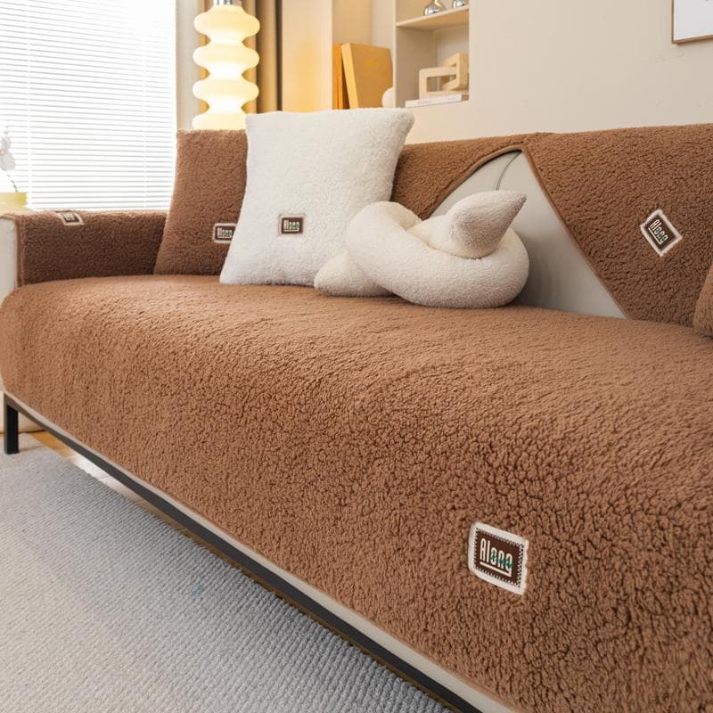Lamb cashmere Winter Warmth Thickened Sofa Cover Nordic Minimalist Anti Slip Plush Cushion Soft Dust Comfortable Couch Towel 90x240cm coffee