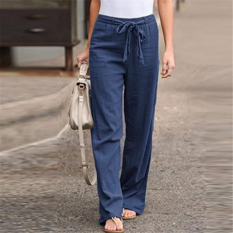 Women Solid Linen Pants Lace Up Elastic Waist Loose Wide Leg Trousers Summer Casual Long Pants Plus Size S-5XL M blue