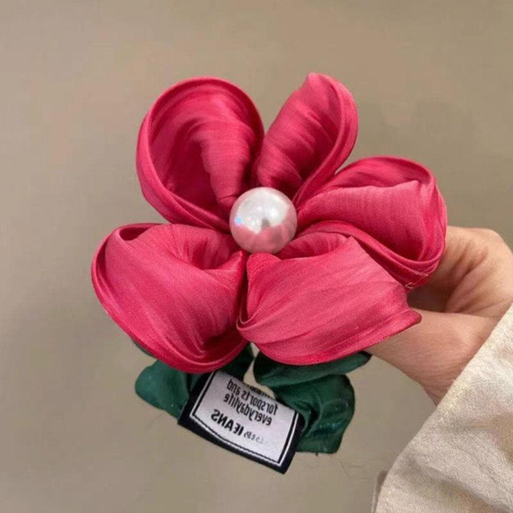 Elegant Pearl Rhinestone Flower Hair Rope Organza Stretch Scrunchies For Women Girls Hair Accessories Headwear Ponytail Holder rose red