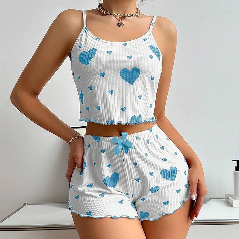 Women's Pajamas Set Sleepwear 2 PCS Short Tank Tops And Shorts White Ventilate Soft Casual Love Printing 3XL blue