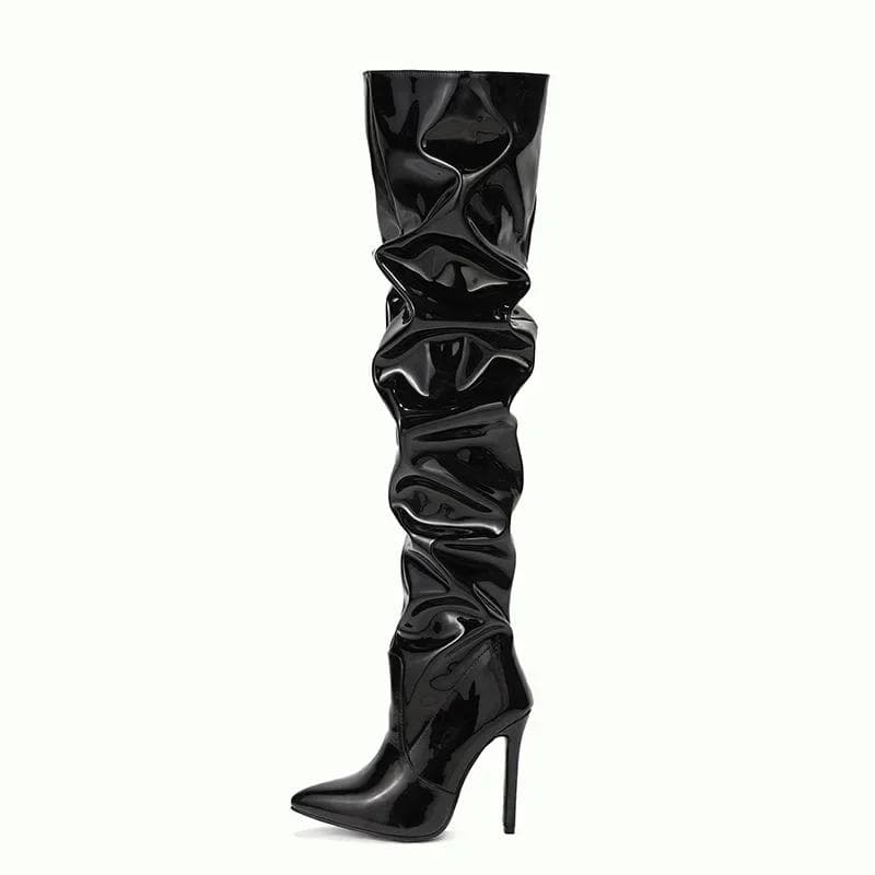 Fashion Over-the-knee Boots Women Fashion Pointed Toe Black Side Zipper Thin High Heels Female Shiny Pleated High Heel Botas 2024 41 black