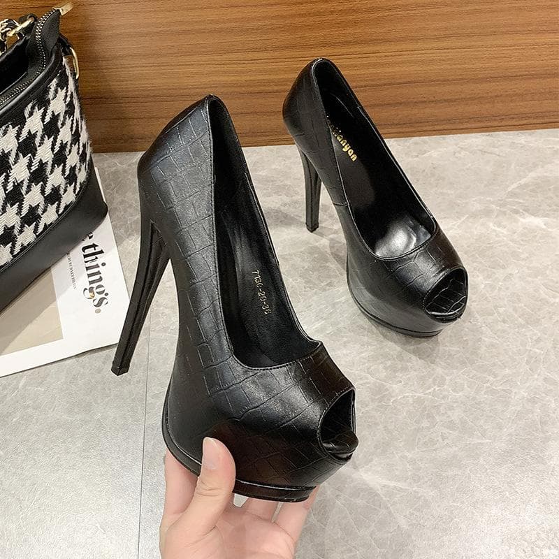 Spring New Fish Mouth Stiletto Waterproof Platform Sexy Crocodile Pattern Fashion Super High Heel Casual Fashion Women's Single Shoes 39 black