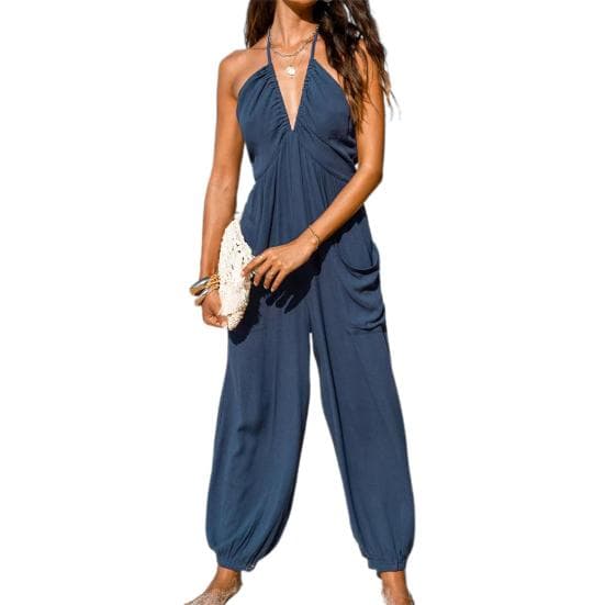 Yousheng Women's Halter Maxi Jumpsuit Pleated Deep V Neck One Piece Jogger Long Pants with Pockets Casual Beach Sleeveless Rompers S sea blue