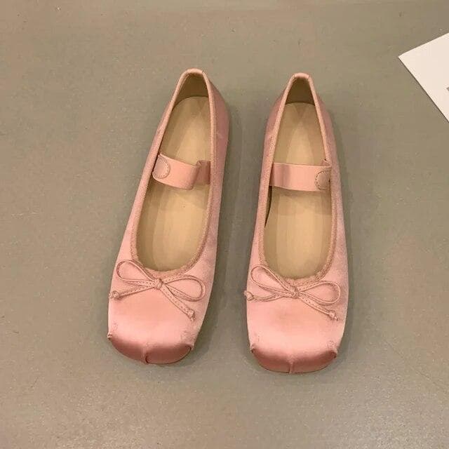 Luxury Satin Silk Ballet Shoes Woman Classic Square Toe Bowtie Elastic Band Ballerina Flats Ladies Soft Loafers 38 pink