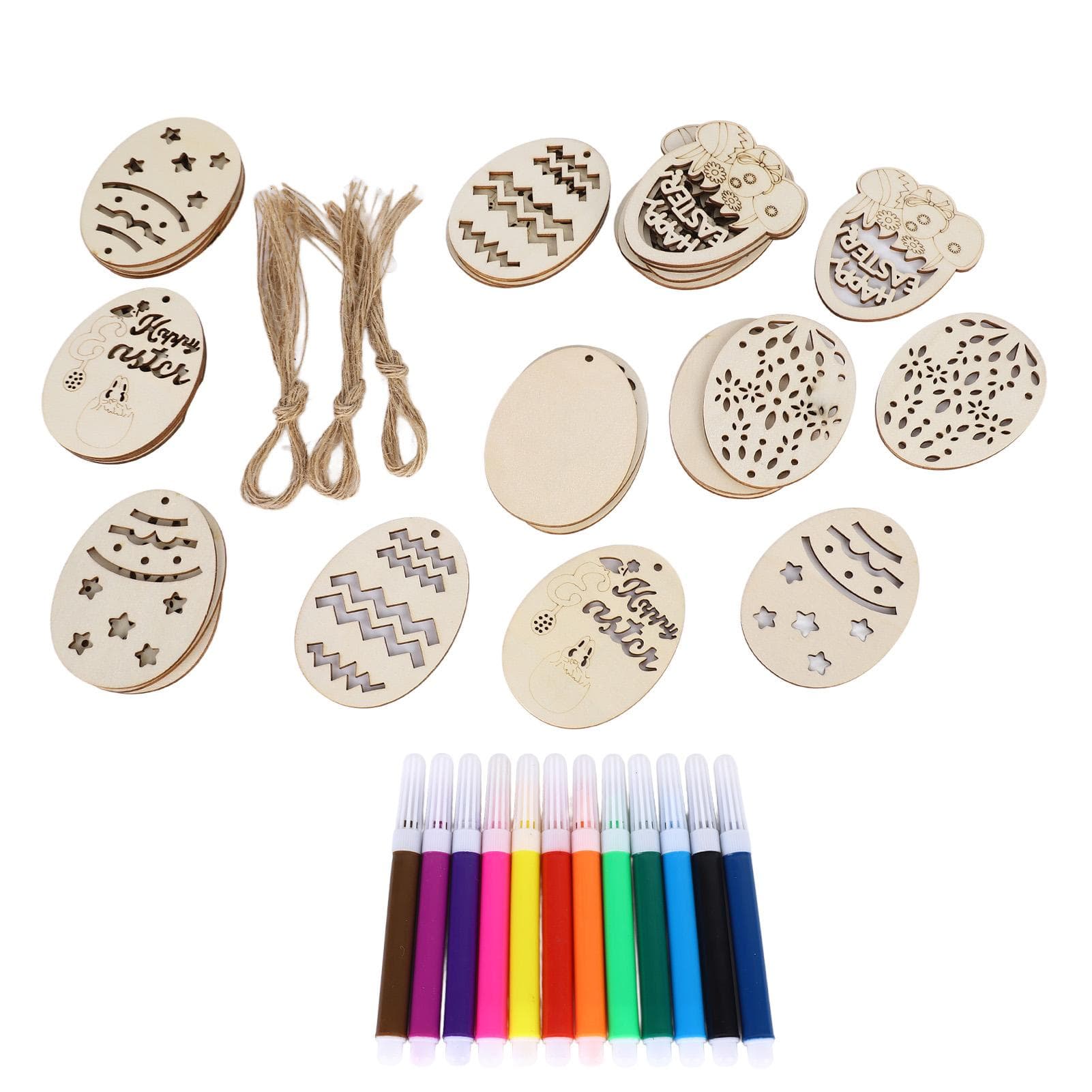 30pcs Easter Unfinished Wooden Ornaments Oval DIY Wooden Hanging Ornaments with 12 Paintbrush 30