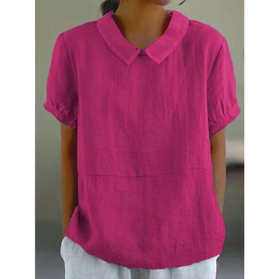 Womens Casual Peter Pan Collar Blouse Summer Loose Cotton Blouse Linen Tops Solid Color Short Sleeve Casual Ladies Breathable Shirt XL Rose