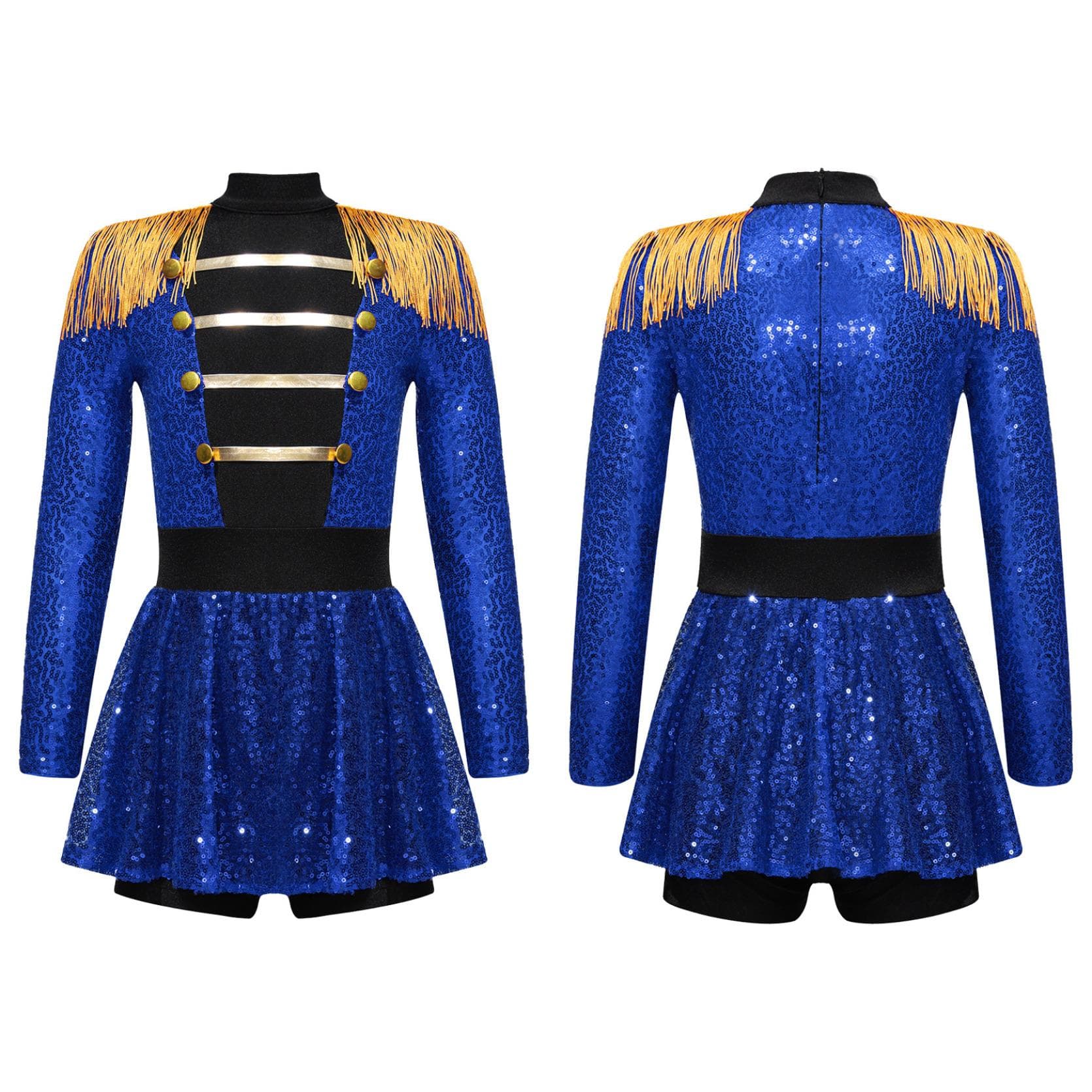 Kids Girls Halloween Party Circus Ringmaster Costume Shiny Sequined Tassel Gymnastics Leotard Dress Dancewear 15-16 Years blue