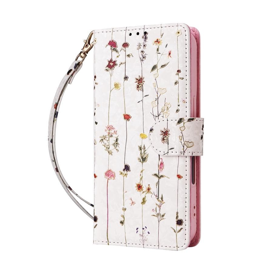 RFID Blocking Anti Theft Brush Embossed Floral Wallet Case with Card Slots for iPhone 16 15 14 13 12 Samsung Galaxy S25 S24 S23 A15 A14 A56 A55 Samsung A25 white