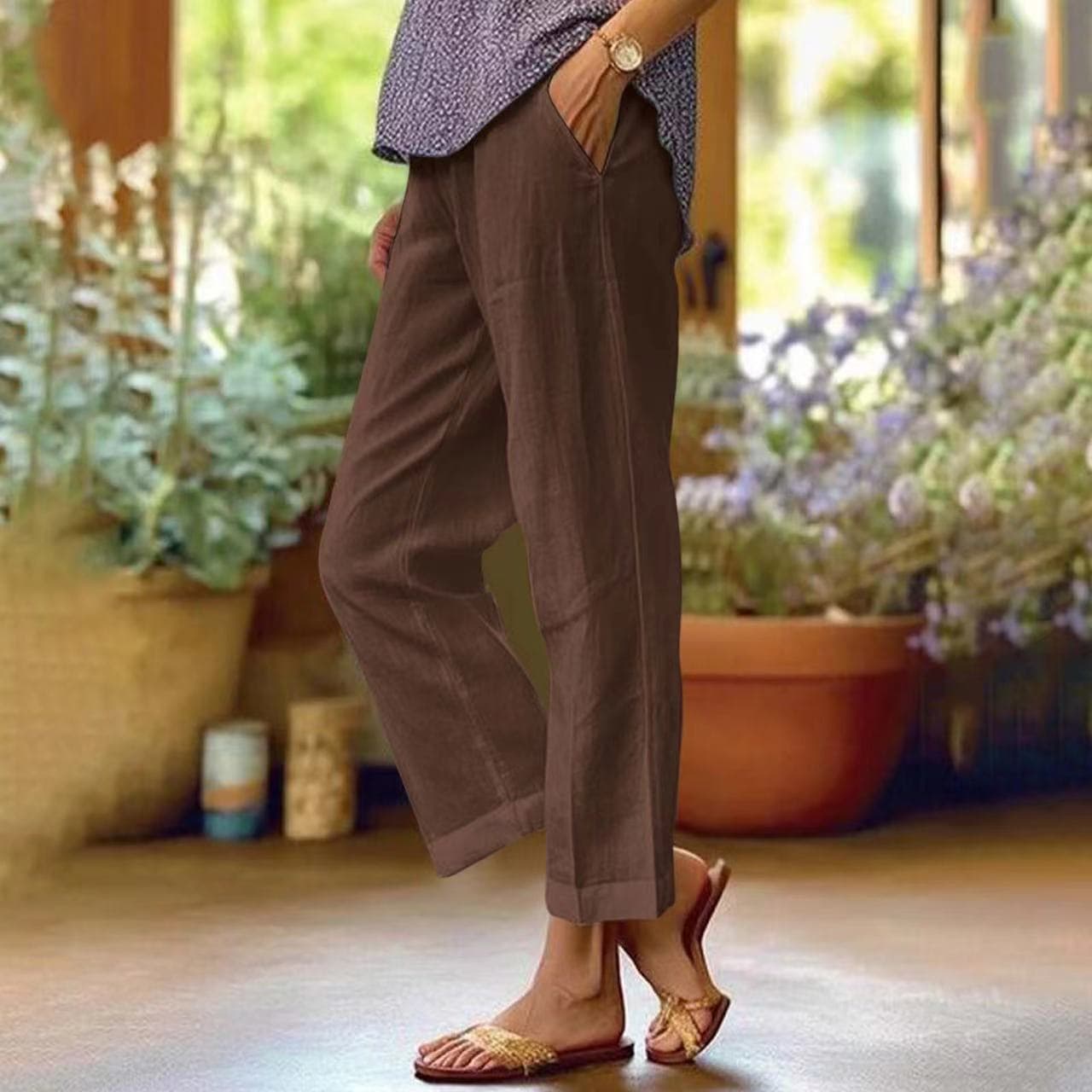Cotton and Linen Women's Loose Fashion Solid Color Straight Casual Pants Women's Clothing XXXXXL brown