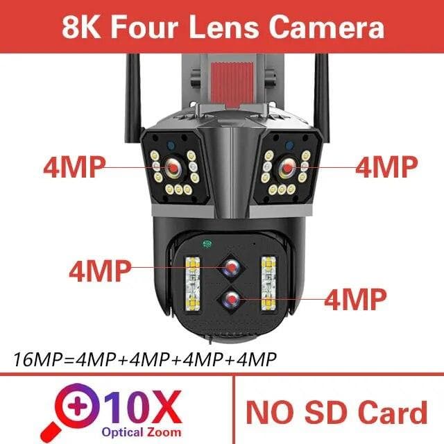 16MP 8K IP Camera 10X Zoom Outdoor Four Lenses Three-Screen PTZ WiFi Camera Security Protection CCTV Color Night Vision Cam Home Security UK Plug