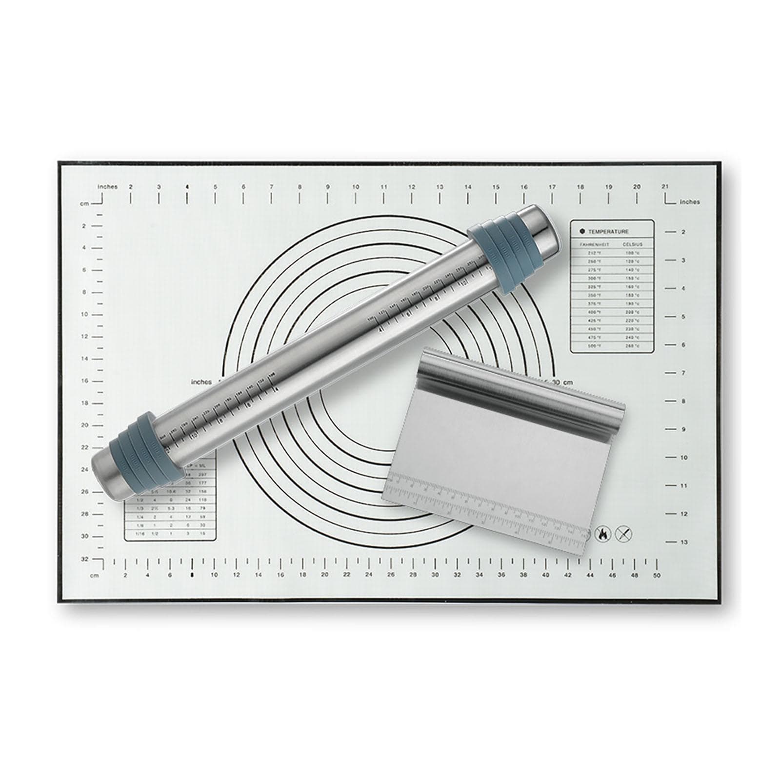 Adjustable Thicknes Flour Rolling Pin with Scale Mat Dough Scraper 430 Stainless Steel Cooking