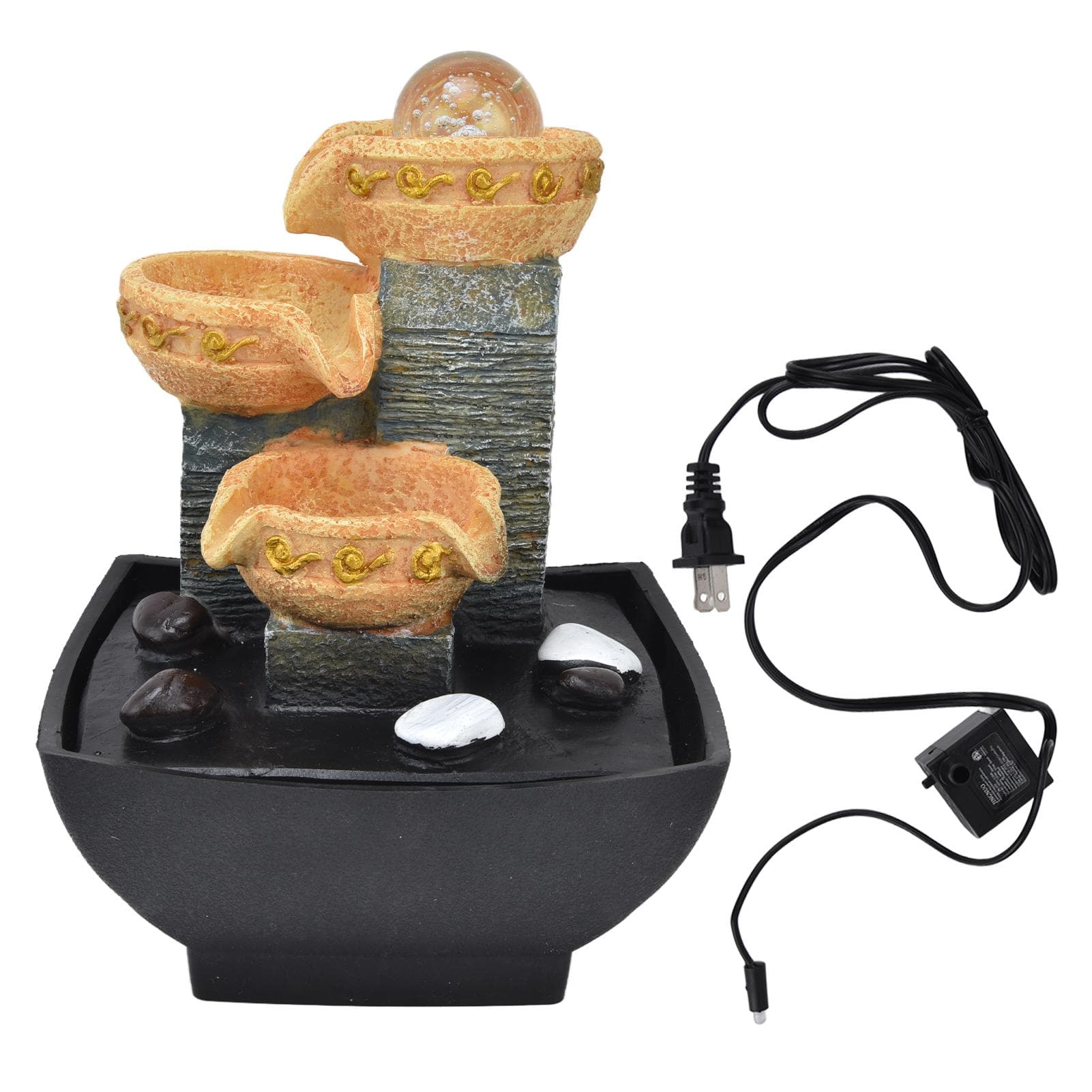 Tabletop Fountain with Warm Light Adjustable Water Pump Low Noise Indoor Waterfall Resin Ornament