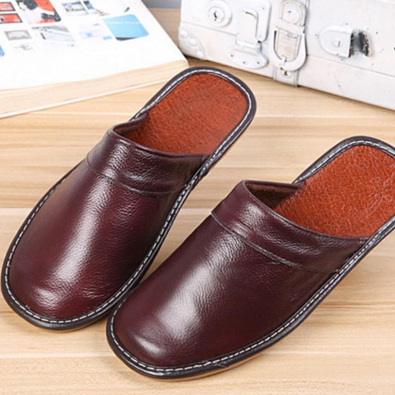 Men Slippers Luxury Home Slippers Cow Leather Indoor Slides Flip Flops Flat Shoes for Summer 43 brown