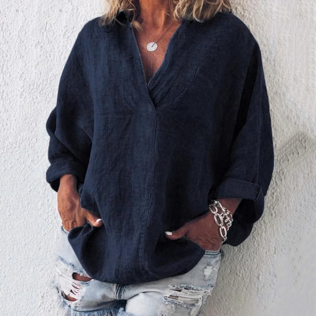 Boho Womens Long Sleeve Cotton Linen Kaftan Ladies Baggy Blouse Tee Shirt Tops L Dark blue