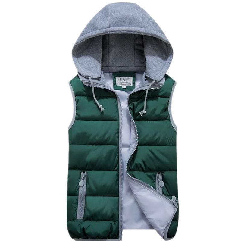 Women Cotton Wool Collar Hooded Down Vest Removable Hat Female Thicken Winter Warm Jacket Outerwear XXXL green