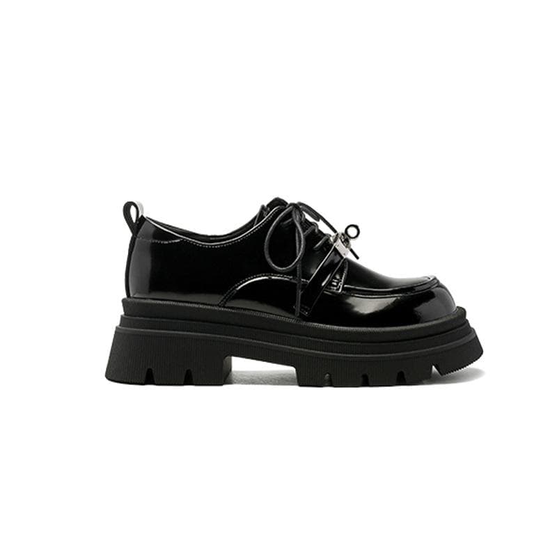 Spring and Summer Round Head Small Leather Shoes, Muffin Sole, Thick Heel Lock, Lucky Shoes, Women's Soft Lace Up, Women's Shoes, New Single Shoes 40