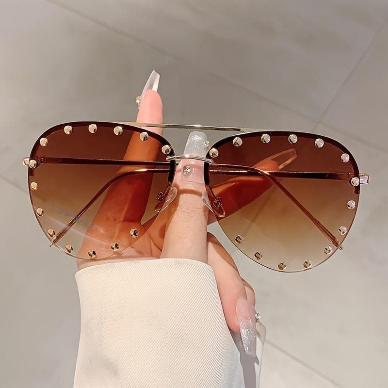 Diamond Rhinestone Sunglasses Women Fashion Gradient Metal Pilot Rimless UV Protection Sun Glasses Shades