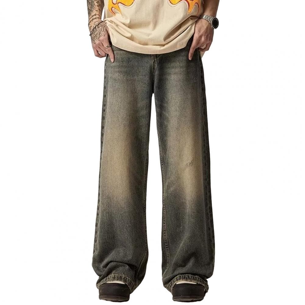 Men Jeans Gradient Contrast Color Wide Leg Loose High Street Retro Hip Hop Straight Full Length Pockets Button Zipper Closure Me M