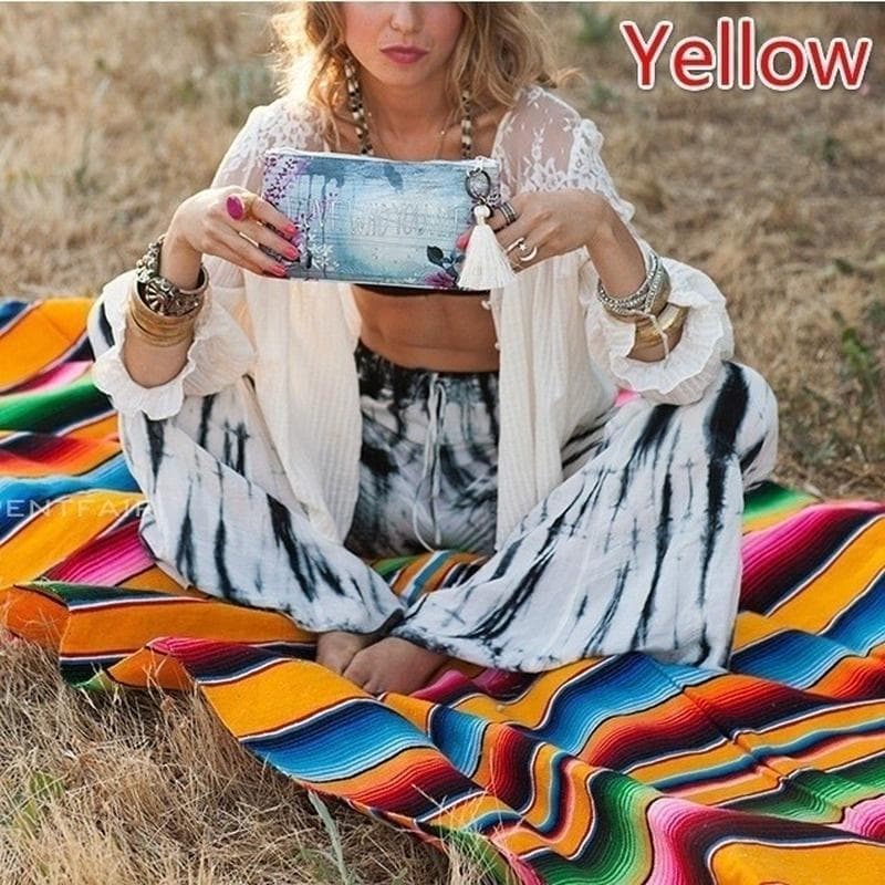 New 8 Color Mexican Stripe Outdoor Cotton Blanket Rainbow Beach Blanket Mattress with Tassel Bed Travel Picnic Rug Sofa Cover 150 x 180cm yellow