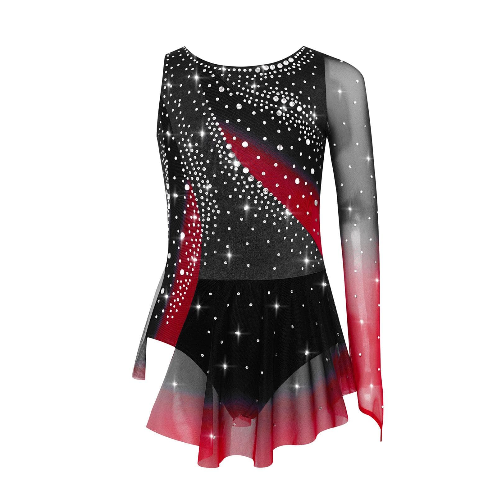 Kids Girls Rhythmic Gymnastics Dress Round Neck Asymmetrical Split Shiny Rhinestones Contrast Color Skirt 7-8 Years burgundy