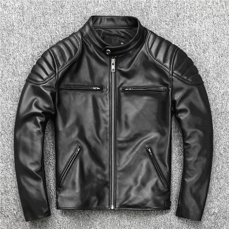First Layer Sheepskin Leather Jacket Men's Motorcycle Stand Collar Slim Short Youth Leather Jacket XXXXL black