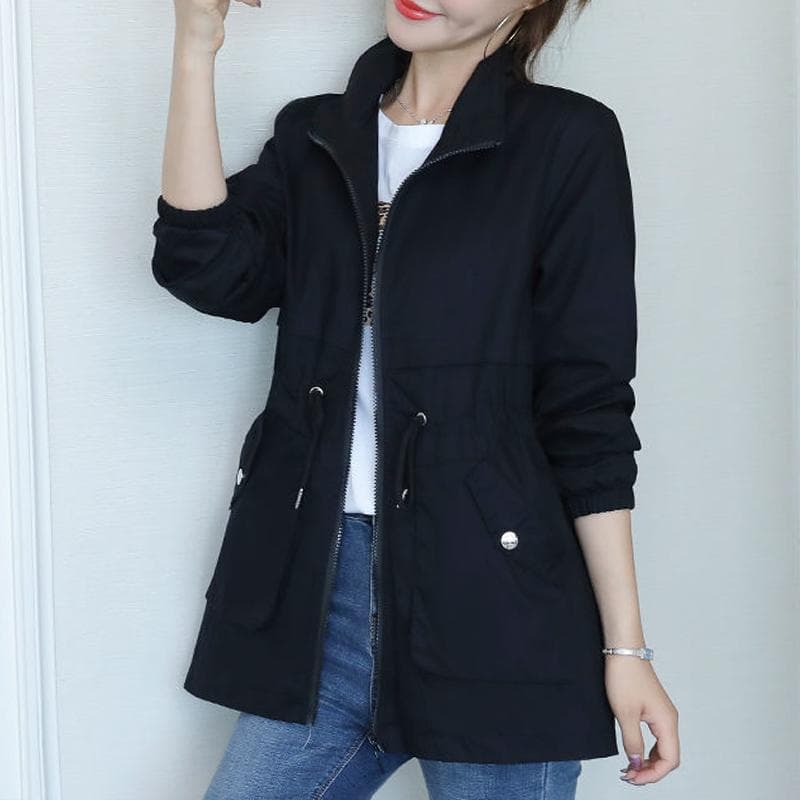 Double Layer Women Windbreaker Spring Autumn Short Coat Fashion Plus Size Stand-Up Collar Ladies Jacket 4XL black