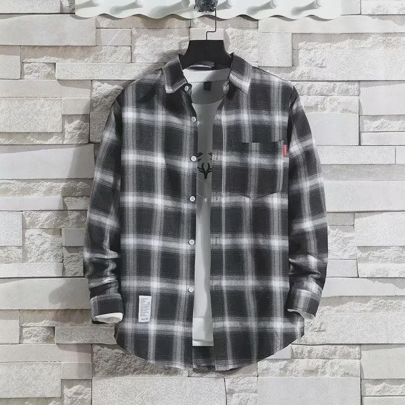 Plaid Men's Long-Sleeve Shirt - Trendy Korean Hong Kong Style 2XL