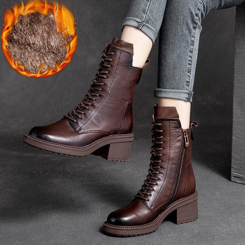 Johnature Winter Boots Genuine Leather Women Shoes Plush Warm Round Toe Handmade Zip Leisure Sewing Platform Boots 36-Plush brown