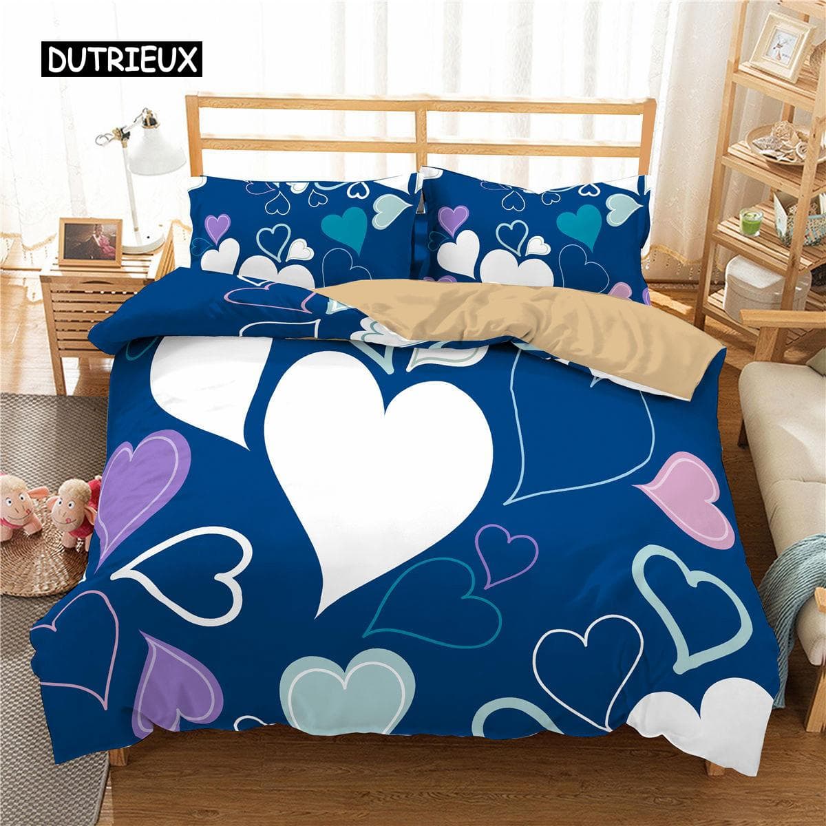 Love Heart Duvet Cover Set for Girls Kids Cute Love Hearts Comforter Cover Geometric Bedding Set Romantic Polyester Quilt Cover EU single(135x200cm)