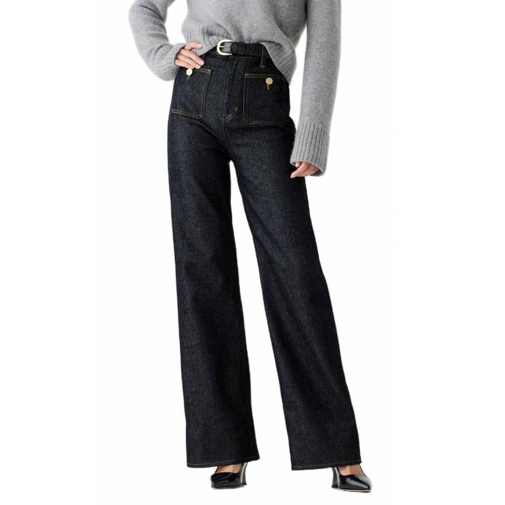 Women Jeans Flared Hem Straight Stretchy Vintage Loose Wide Leg High Waist Casual Multi Pockets Button Decor Streetwear XXXL black