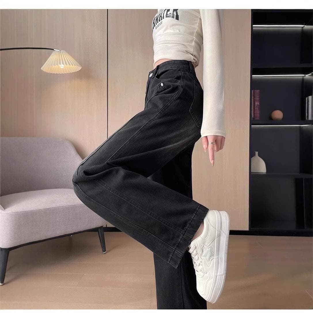 Thickened Black Straight Jeans for Women In Winter, New High-waisted Slimming and Versatile Draping Wide-leg Pants XXL