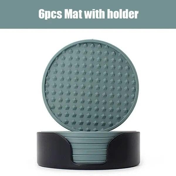 6Pcs Silicone Drink Coasters With Holder Heat Resistant Cup Dish Drying Mat Tabletop Protection Non-Slip Coasters For Drinks green