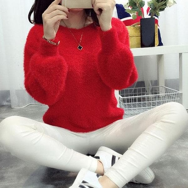 Autumn and Winter Round Neck Short Top Loose Pullover Solid Color Long-haired Sweater Thick Mohair Bottoming Shirt XL