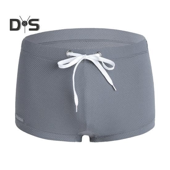 Summer Men Swim Shorts Low-rise Solid Color Beach Tight Swimming Trunks with Waist Tie Swimsuit Sports Surf Shorts Trunks S grey