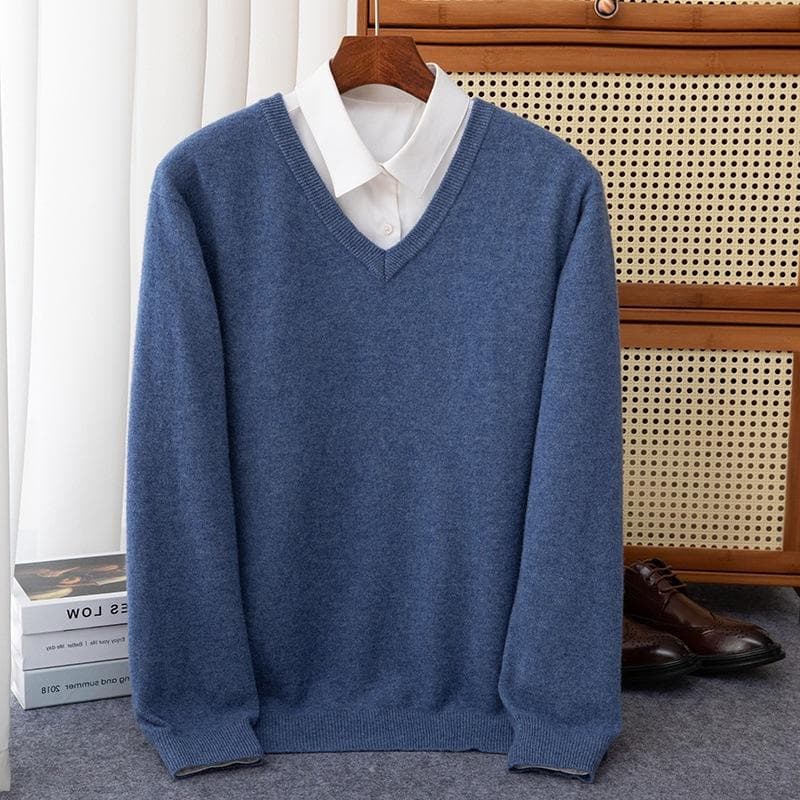 Men Merino Wool Sweater V-Neck Pullover Autumn Winter Cashmere Warm Solid Knitwear Clothes Business Bottoming Soft Tops L