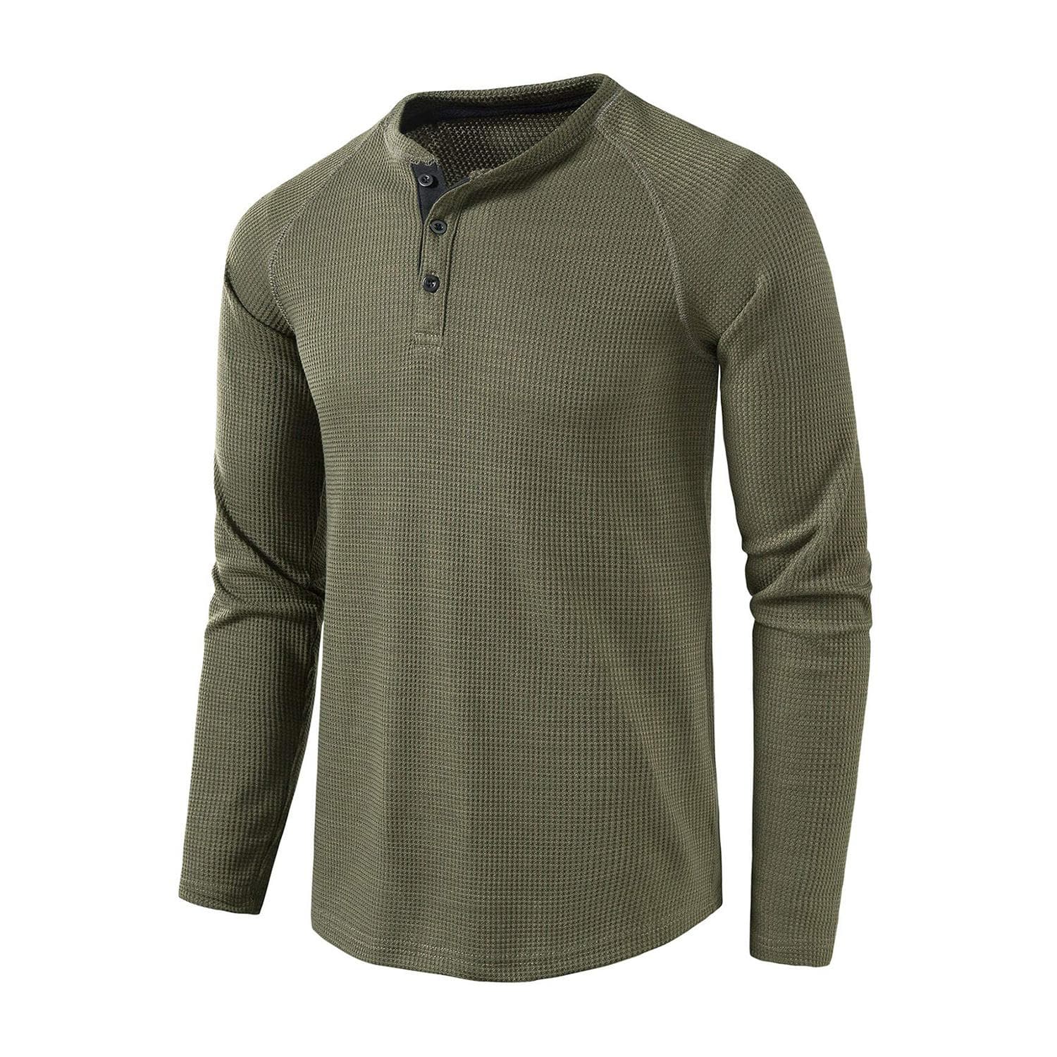 Men’s Waffle Henley Shirts Round Neck Long Sleeves T-Shirt Solid Color Casual Wear Autumn Winter Comfy Shirt S army green