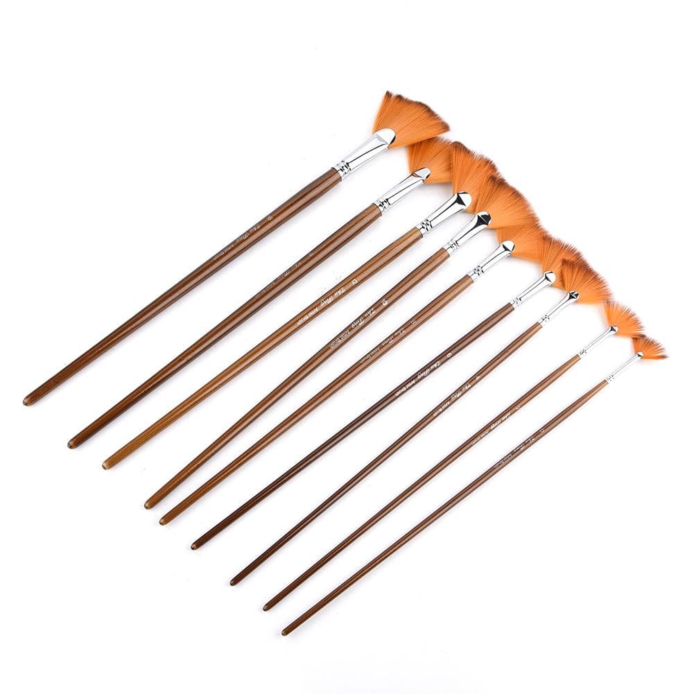 9Pcs Brown Nylon Hair Aluminium Alloy Tube Fan Shape Drawing Brush Art Painting Tool