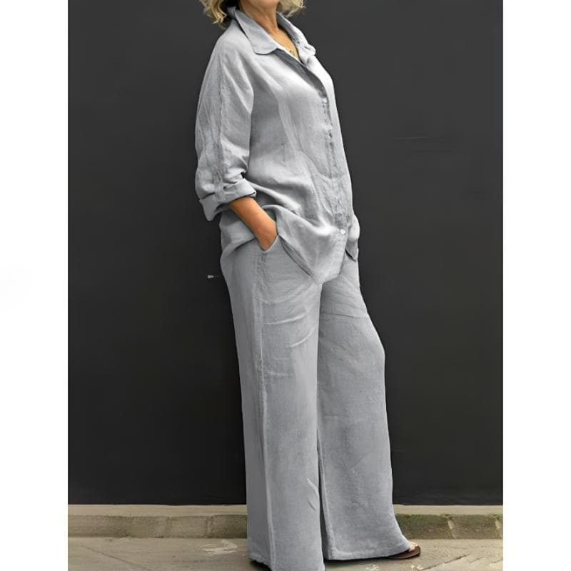 Women Linen Casual Shirt 2 Pieces Set Fashion Lapel Long Sleeve Button Blouse And Trousers Outfits Loose Wide Leg Pants Suits S light gray
