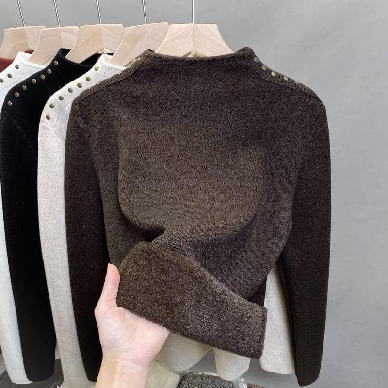 One Piece Velvet High Neck Sweater with Thick Velvet Base for Women Winter Rivet Knitted Sweater with Inner Top 2XL