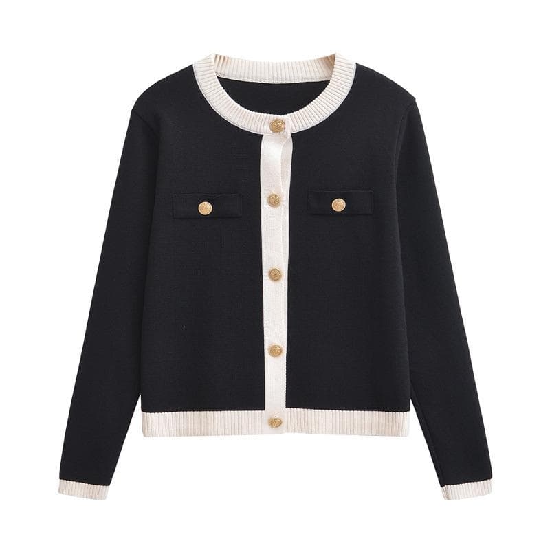 Women's Knitted Cardigan Sweater with Golden Buttons, O-Neck, Long Sleeve, Female Outerwear, Chic Tops, Fashion L black